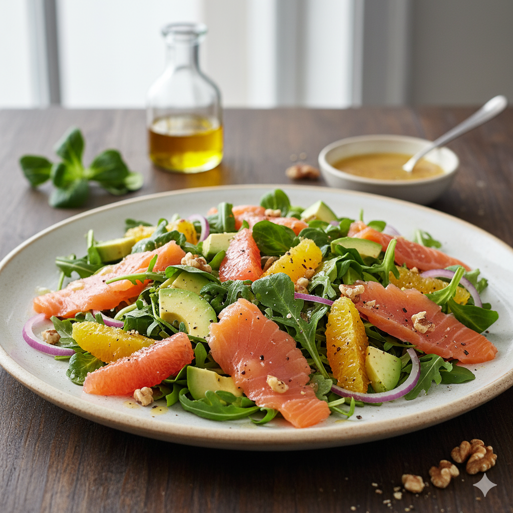 Ensalada con salmón ahumado, aguacate y cítricos