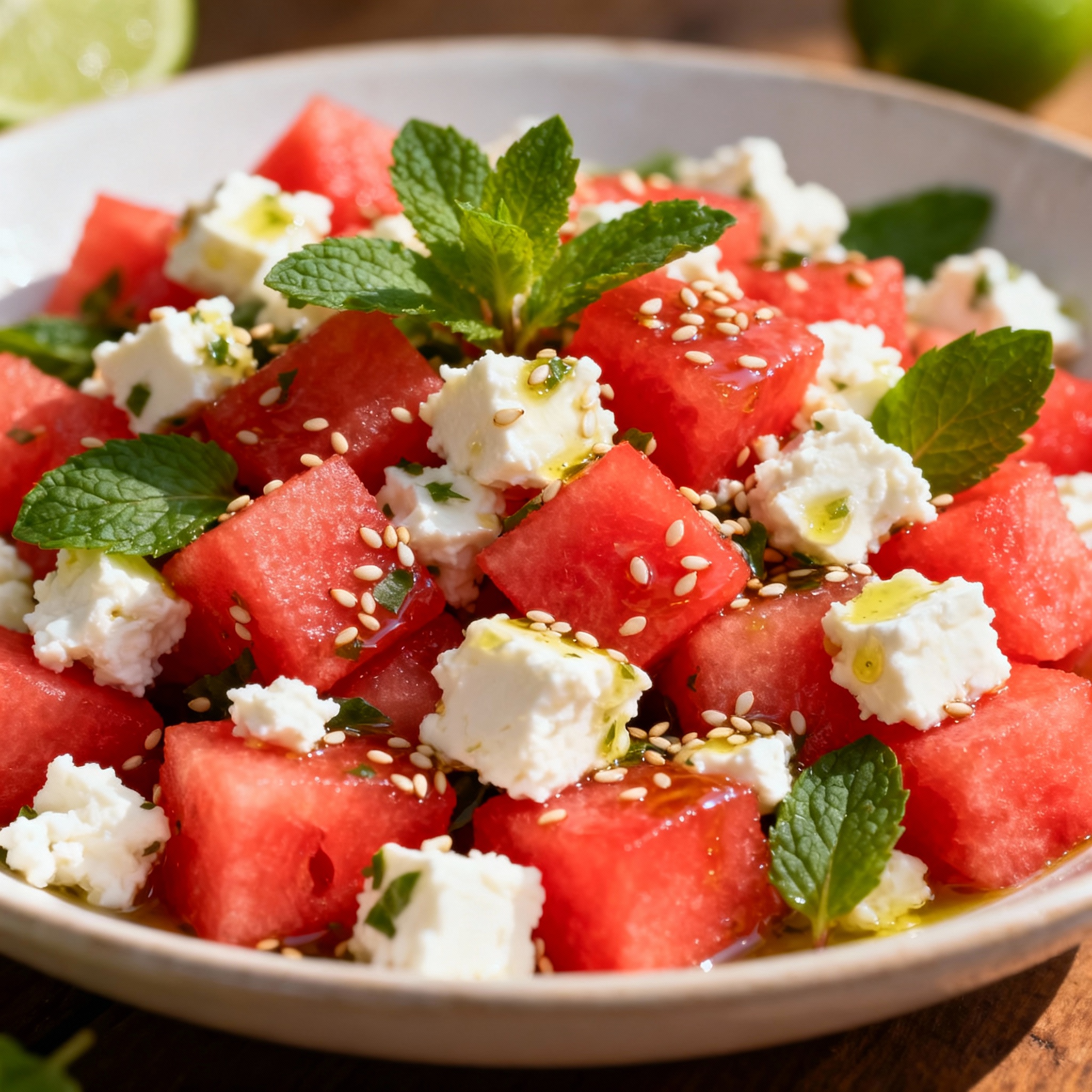 Ensalada de sandía con queso feta y menta emplatada