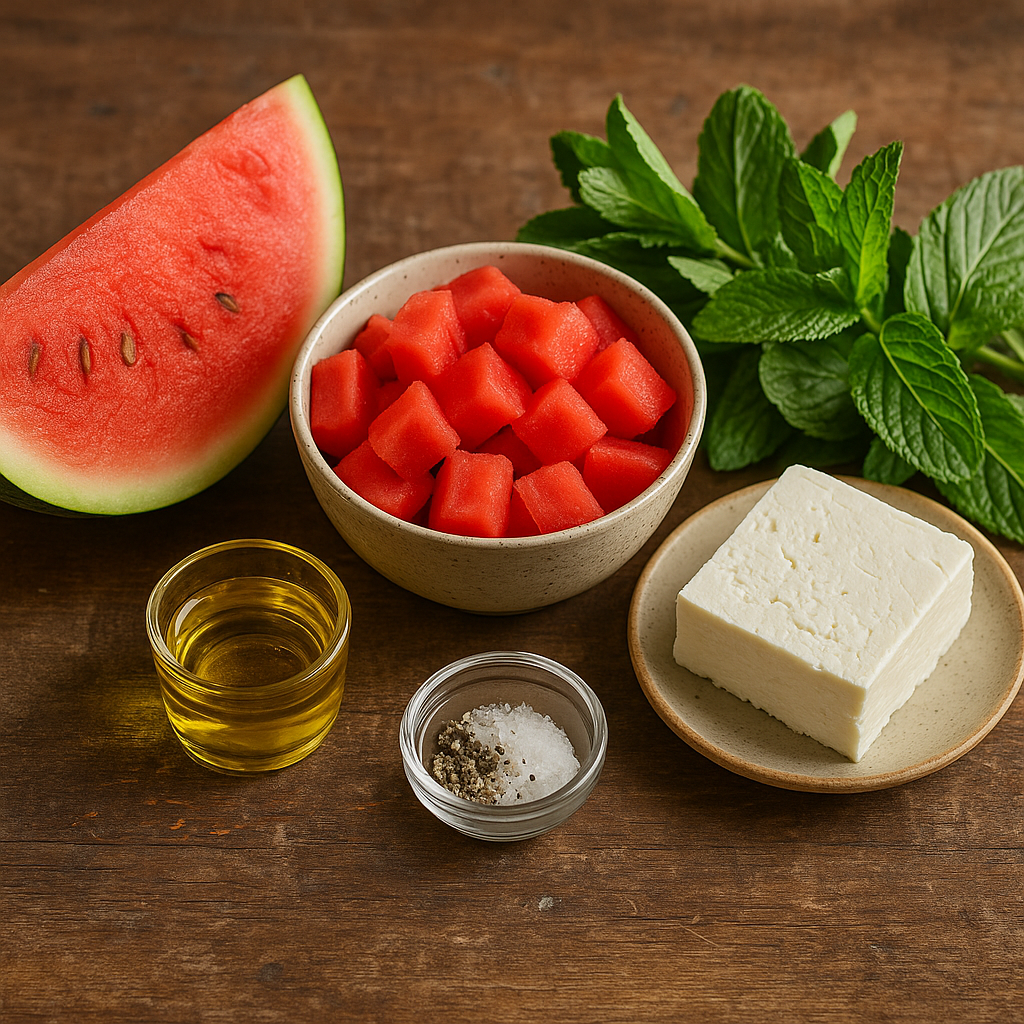 Ingredientes: sandía, queso feta y menta fresca