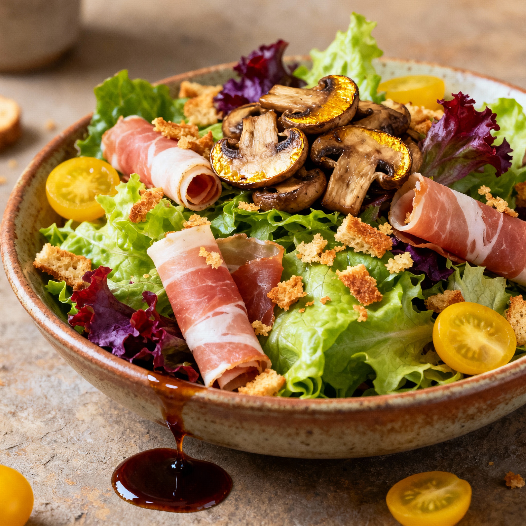 Ingredientes: hojas verdes, bacon, champiñones, cherry amarillos y picatostes