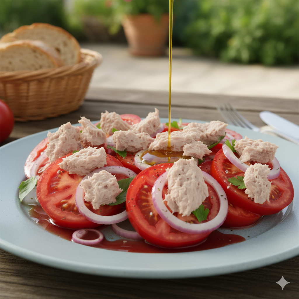 Ensalada de tomate, cebolla y atún emplatada