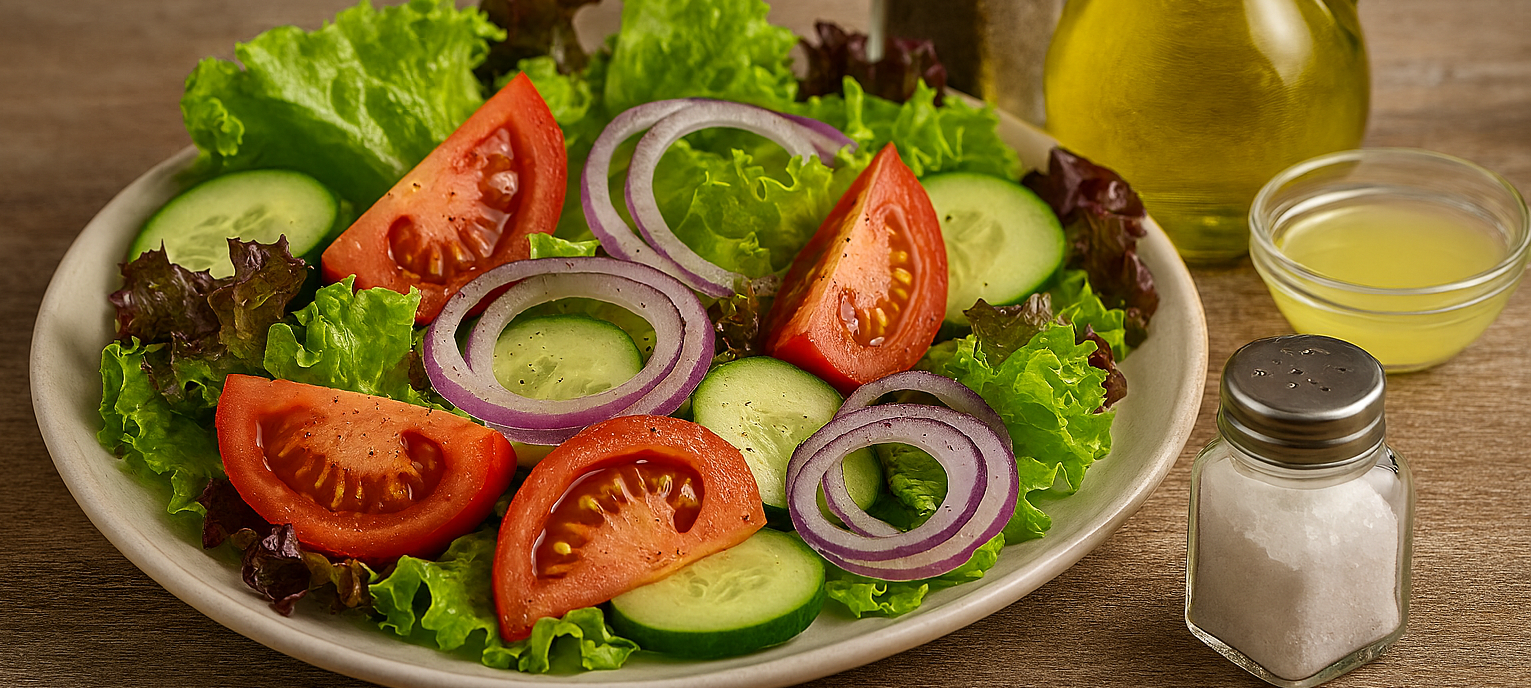 Ensalada verde clásica con lechuga, tomate, cebolla y pepino