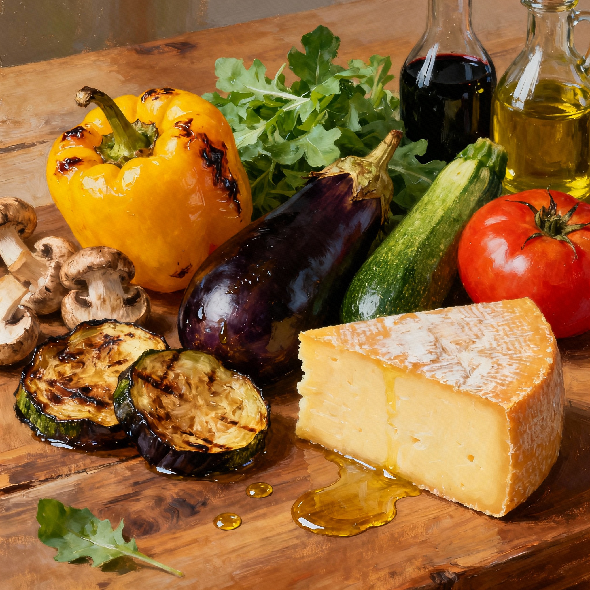 Ingredientes: berenjena, calabacín, tomate, pimiento amarillo asado, champiñones, hojas verdes y queso curado