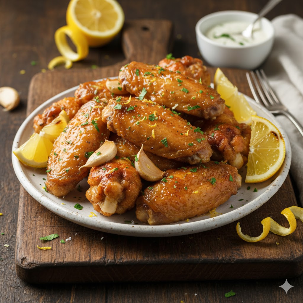 Alitas de pollo al ajo y limón servidas