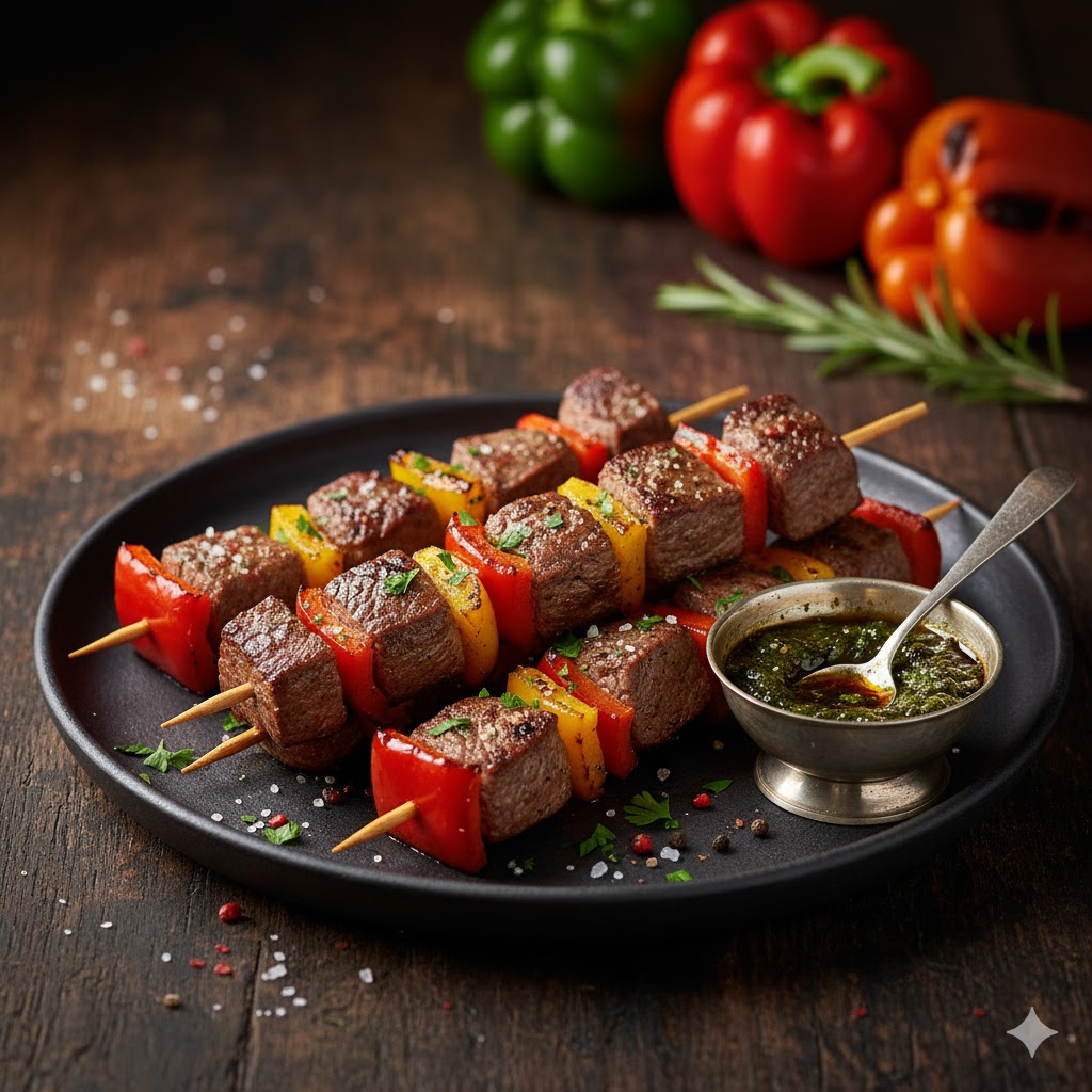 [Brocheta de ternera y pimientos servida](pplx://action/translate)