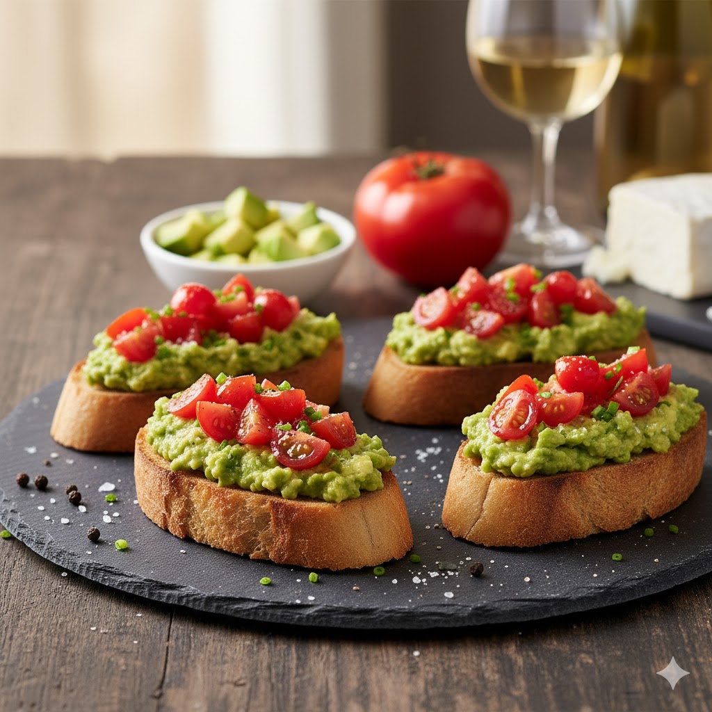 [translate:Canapés de aguacate y tomate servidos]