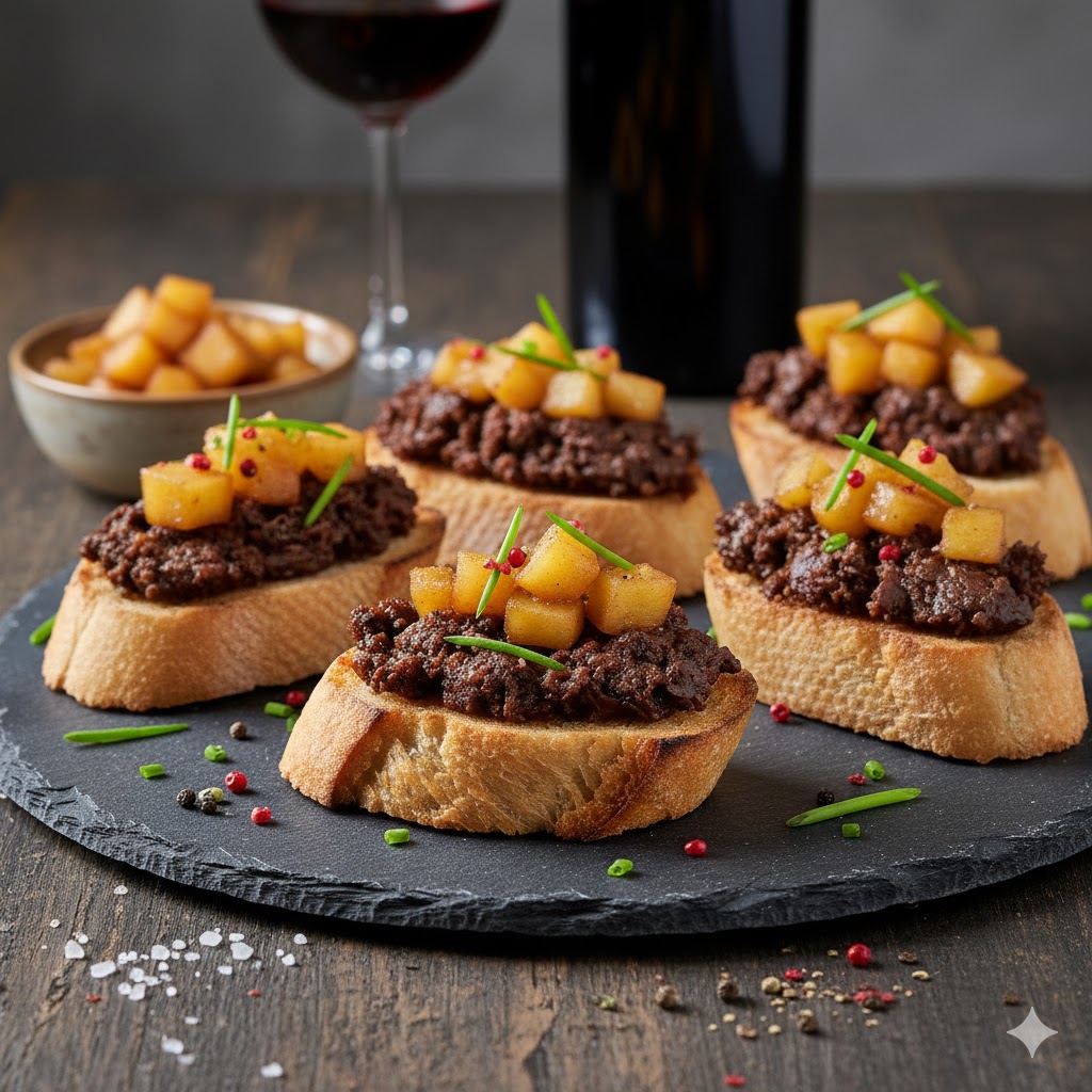 [translate:Canapés de morcilla con manzana servidos]