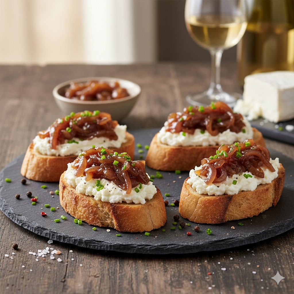 [translate:Canapés de queso de cabra y cebolla caramelizada servidos]