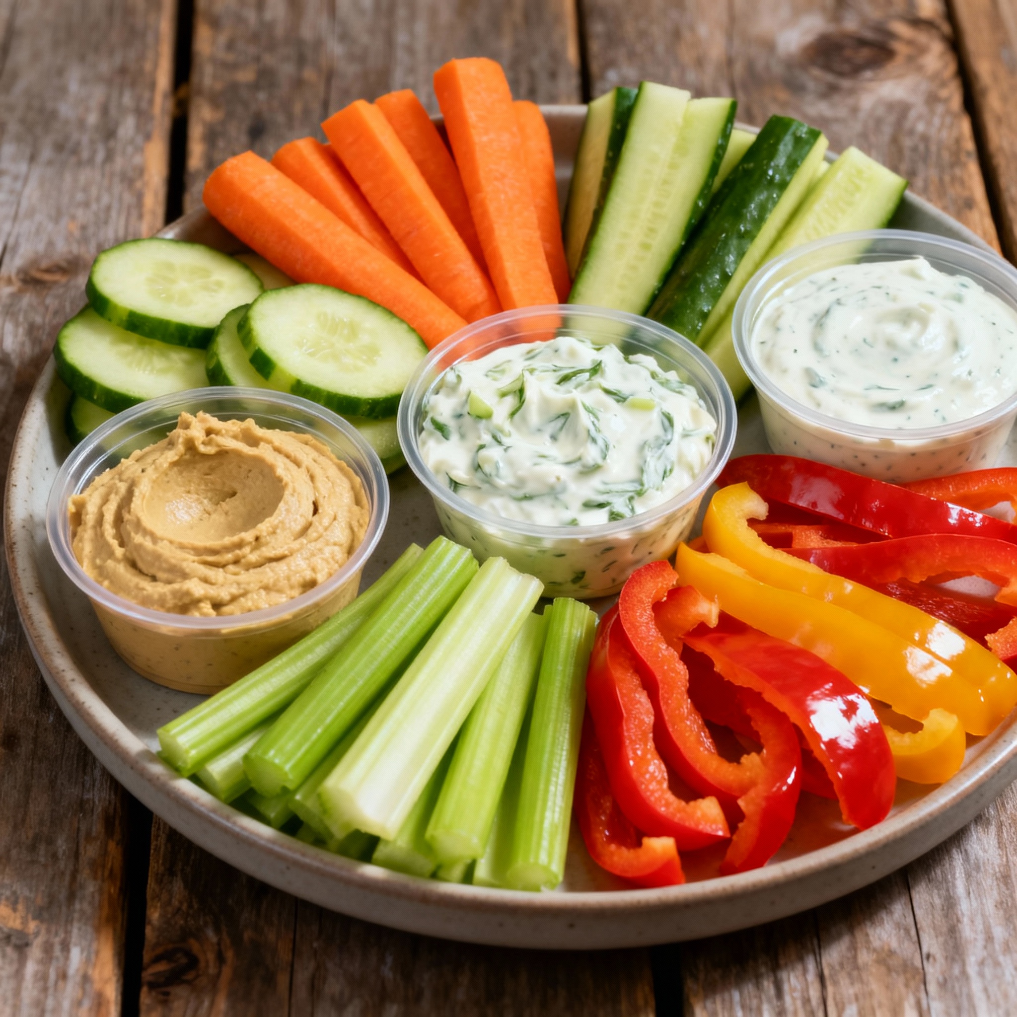 Crudités de verduras frescas con salsas y dips
