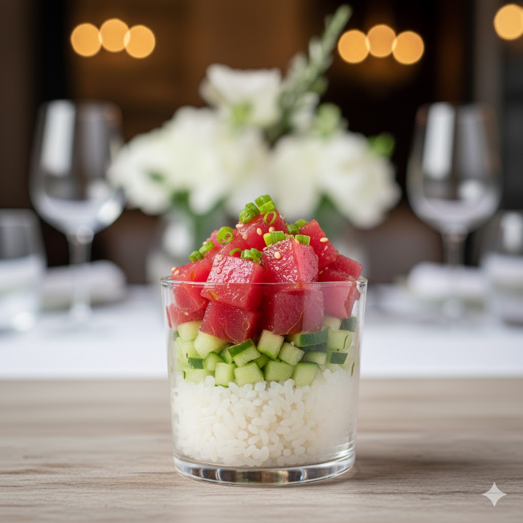 Mini poke cup de atún al ponzu con pepino