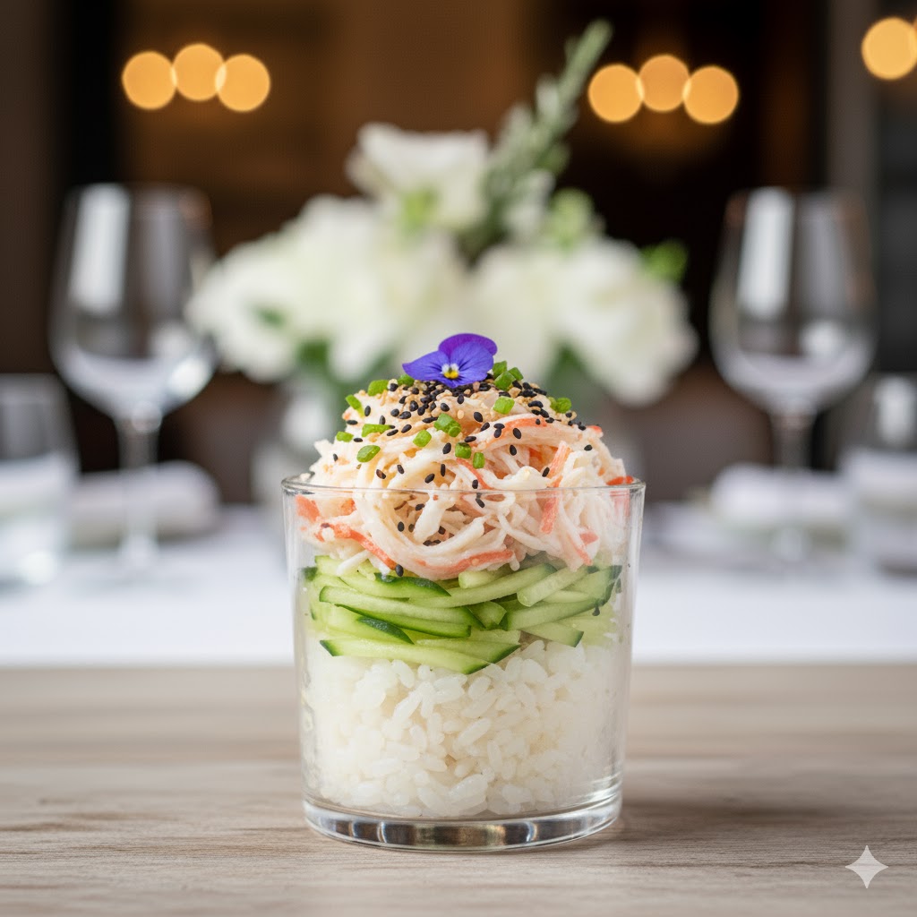 Mini poke cup de cangrejo estilo California con pepino
