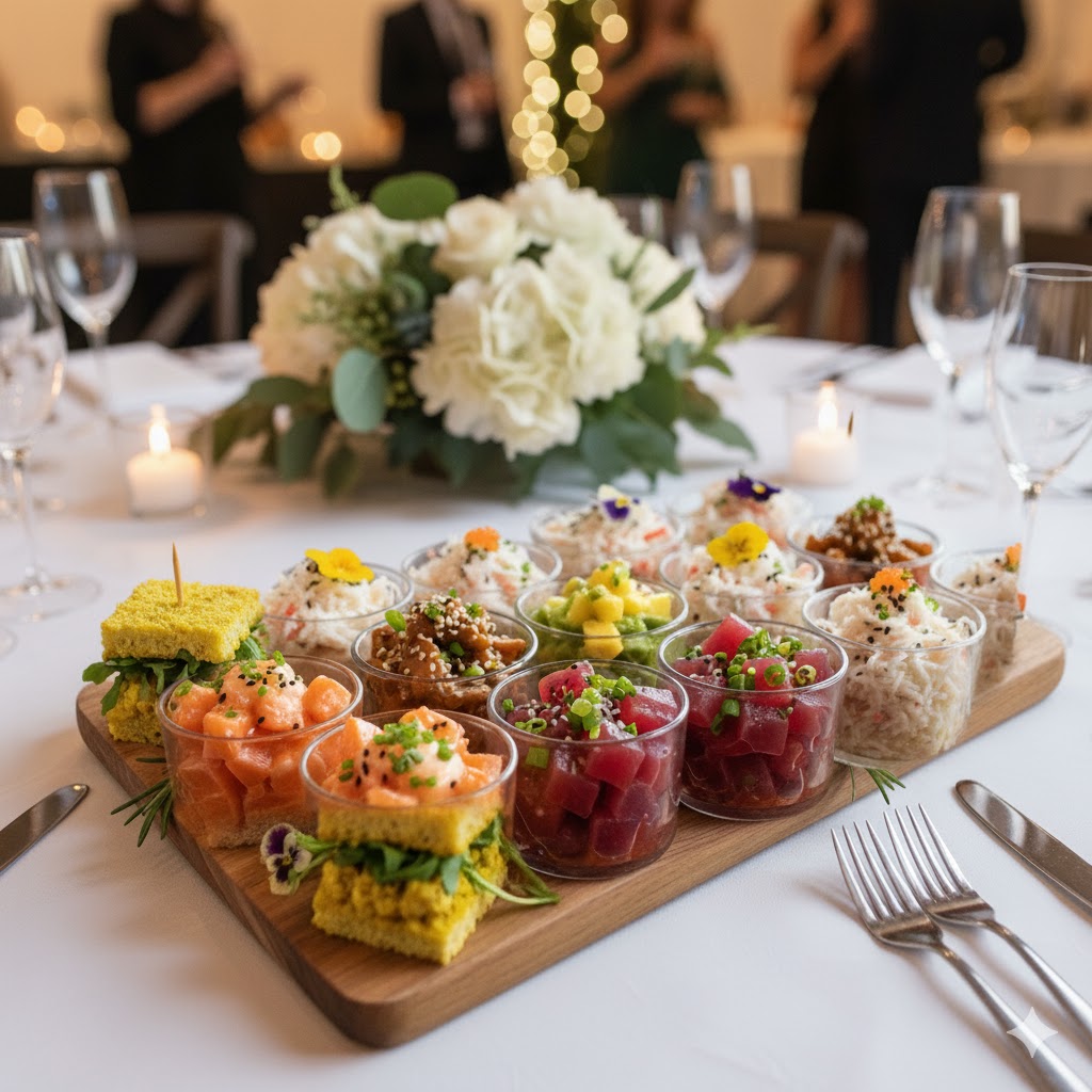 Bandeja con mini poke cups variados