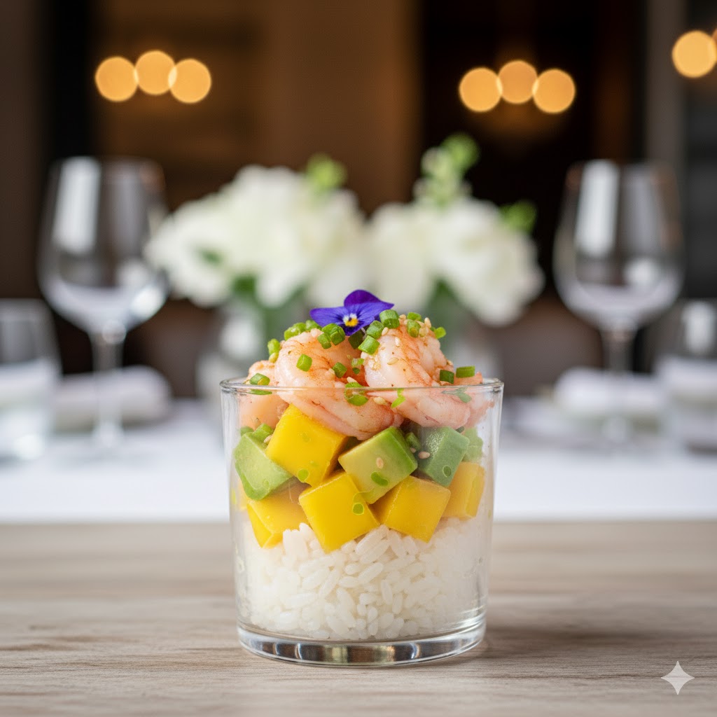 Mini poke cup de langostino con mango y aguacate