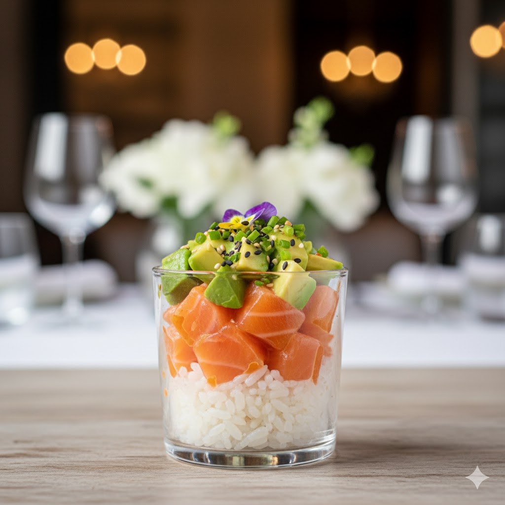 Mini poke cup de salmón con mayonesa picante