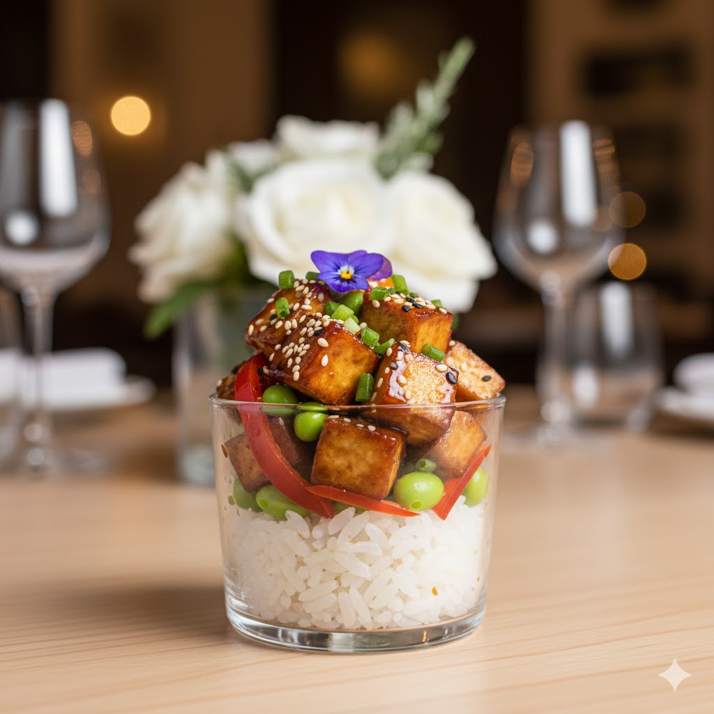 Mini poke cup vegano de tofu teriyaki con edamame