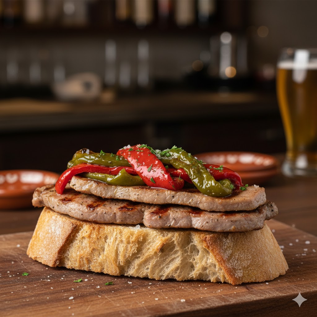 Montadito de lomo con pimiento servido