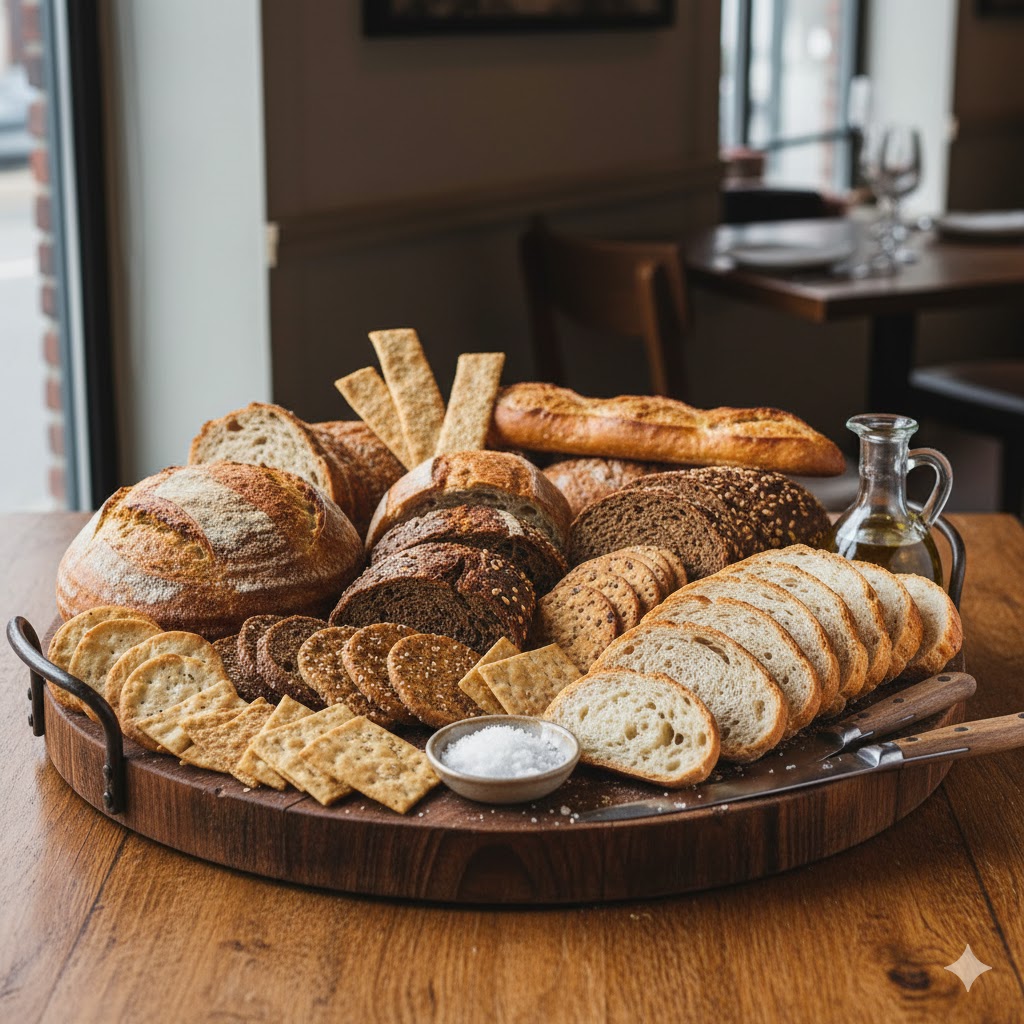 Variedad de panes y crackers presentada en tabla