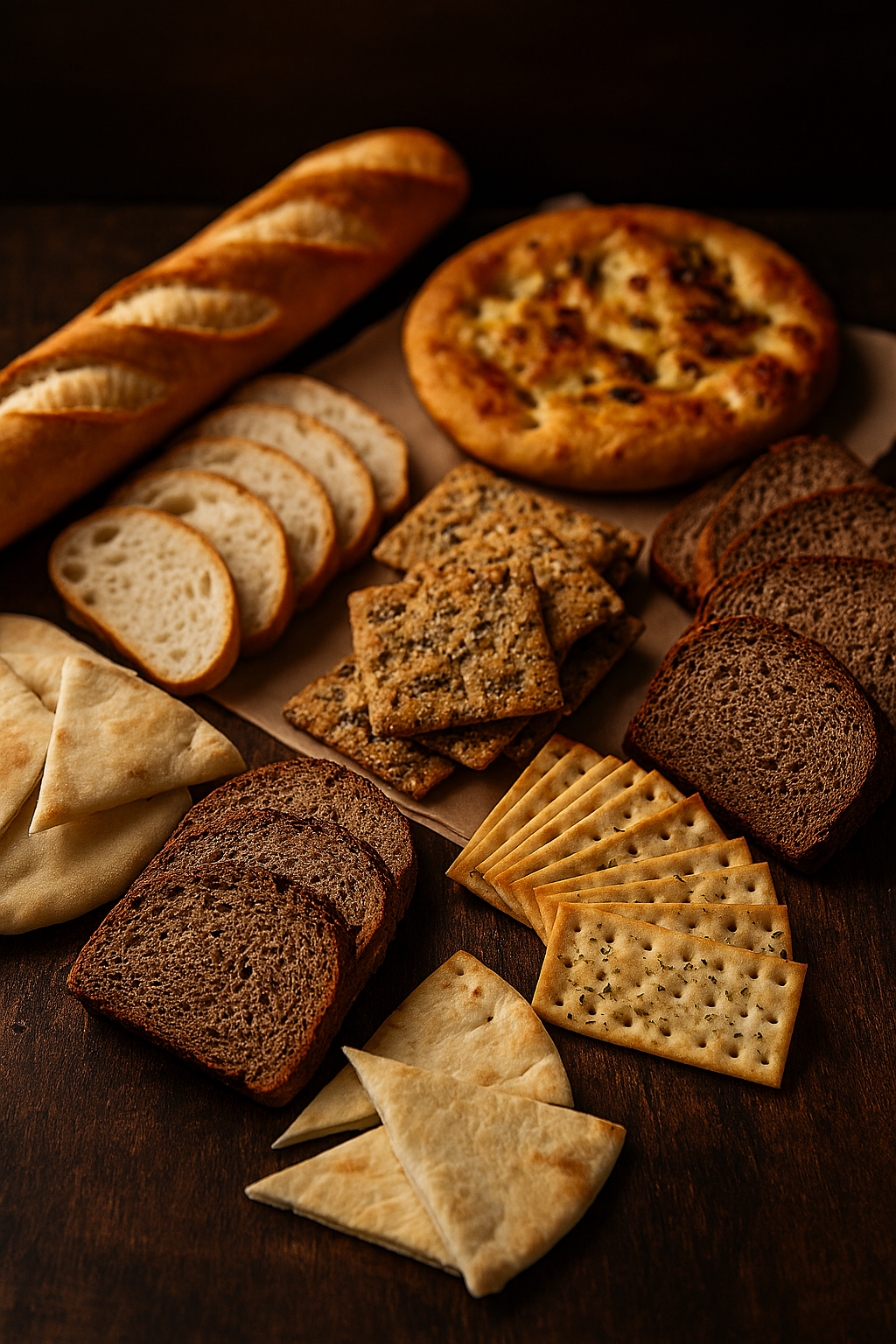 Surtido de panes y crackers para canapés y dips