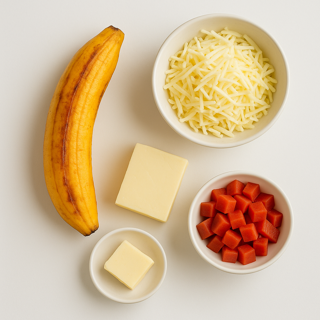 Ingredientes de plátano maduro con queso y guayaba