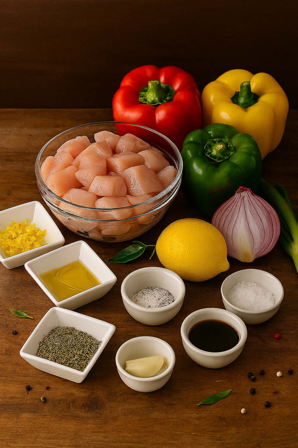 Ingredientes de brochetas de pollo mediterráneo