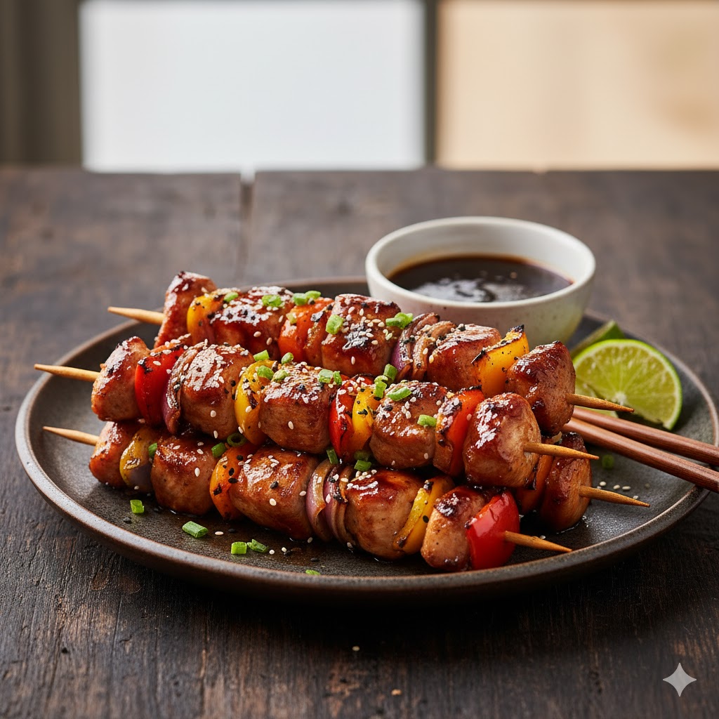 Pollo teriyaki en brocheta