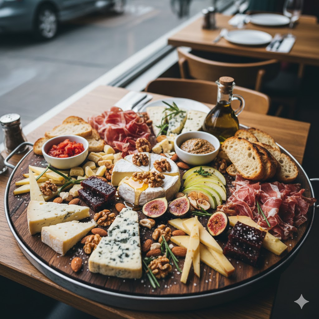 Tabla de quesos y embutidos presentada