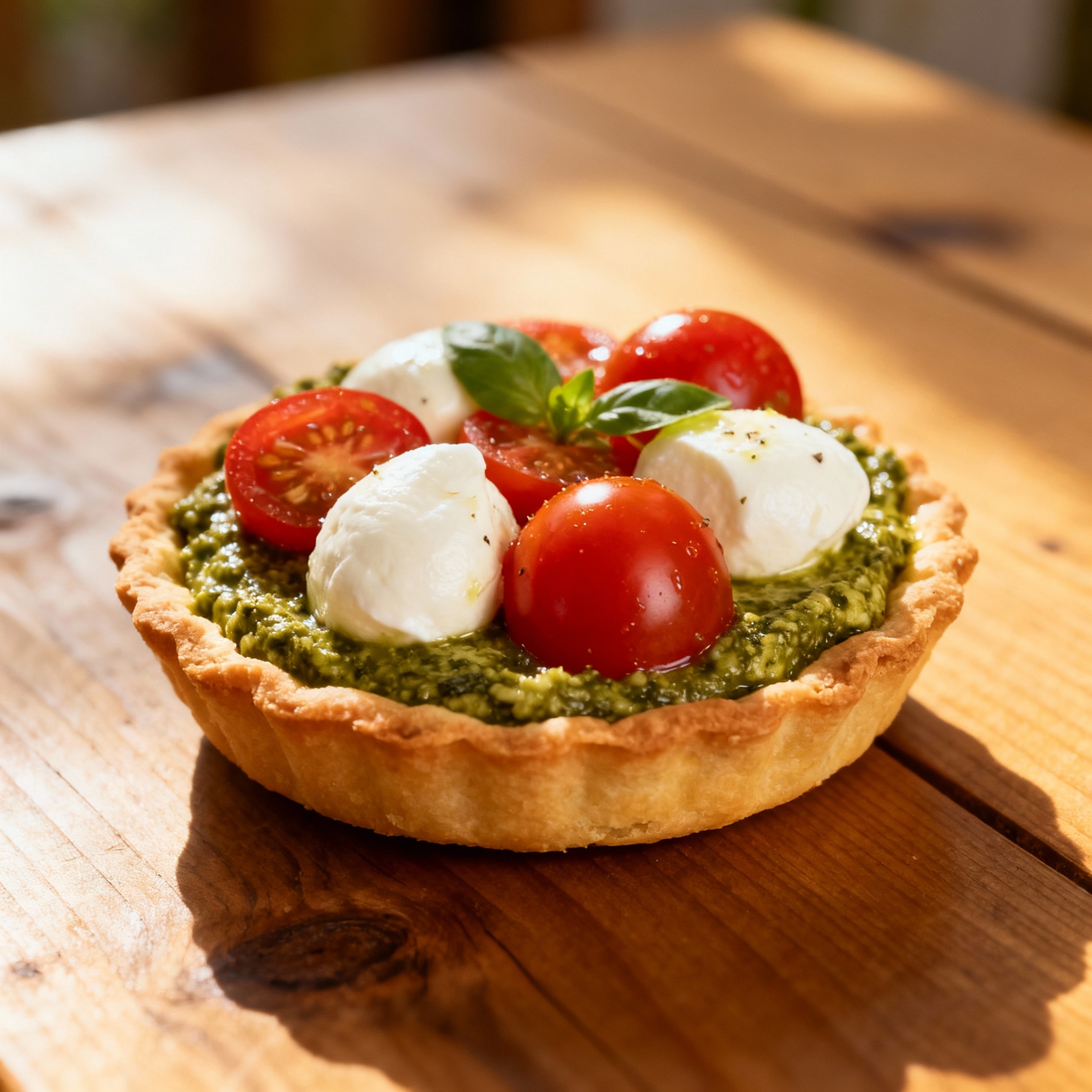 Tartaleta caprese con pesto, tomate y mozzarella