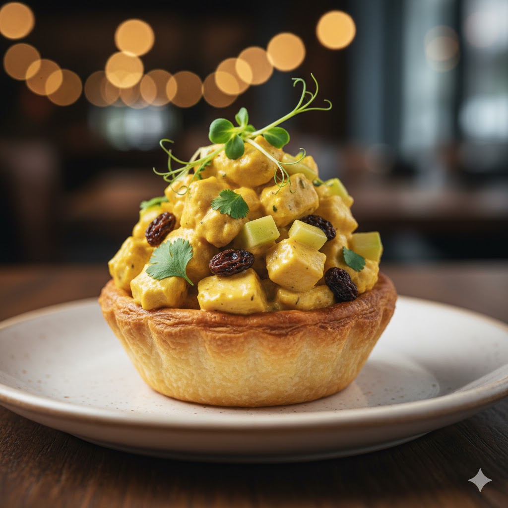 Tartaleta de pollo al curry con manzana y pasas