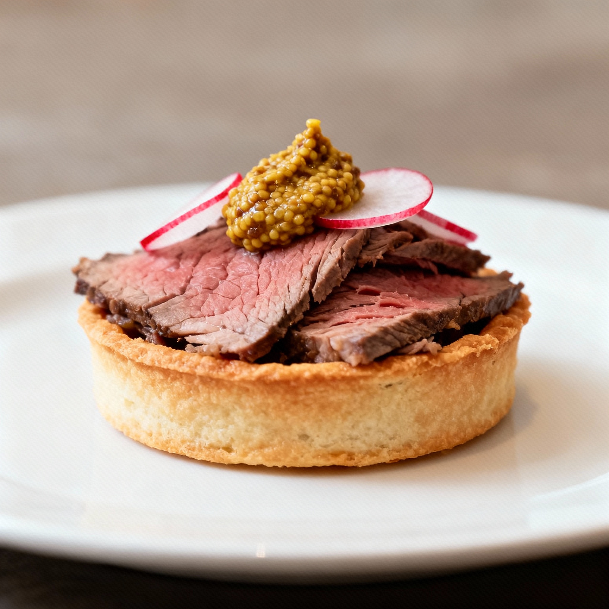 Tartaleta con roast beef, mostaza antigua y rábano