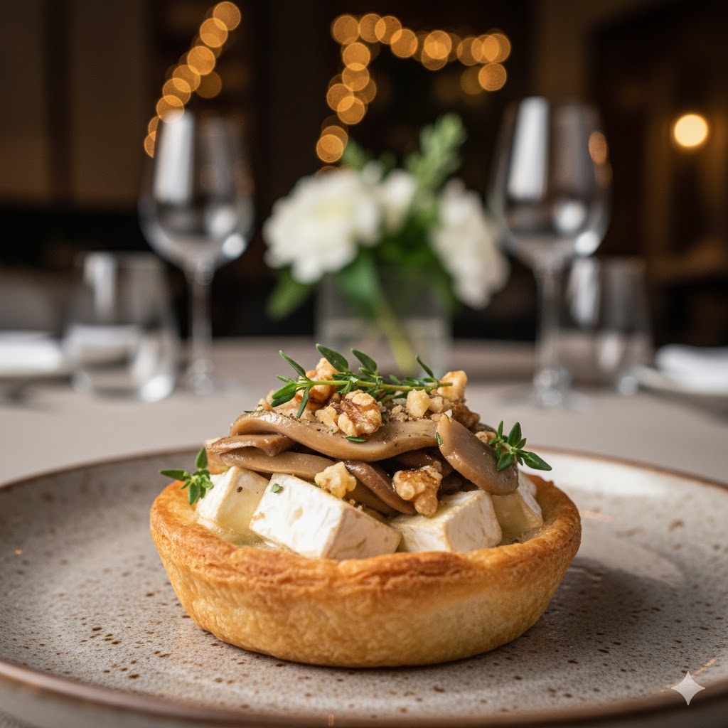 Tartaleta fría con brie, setas y nuez