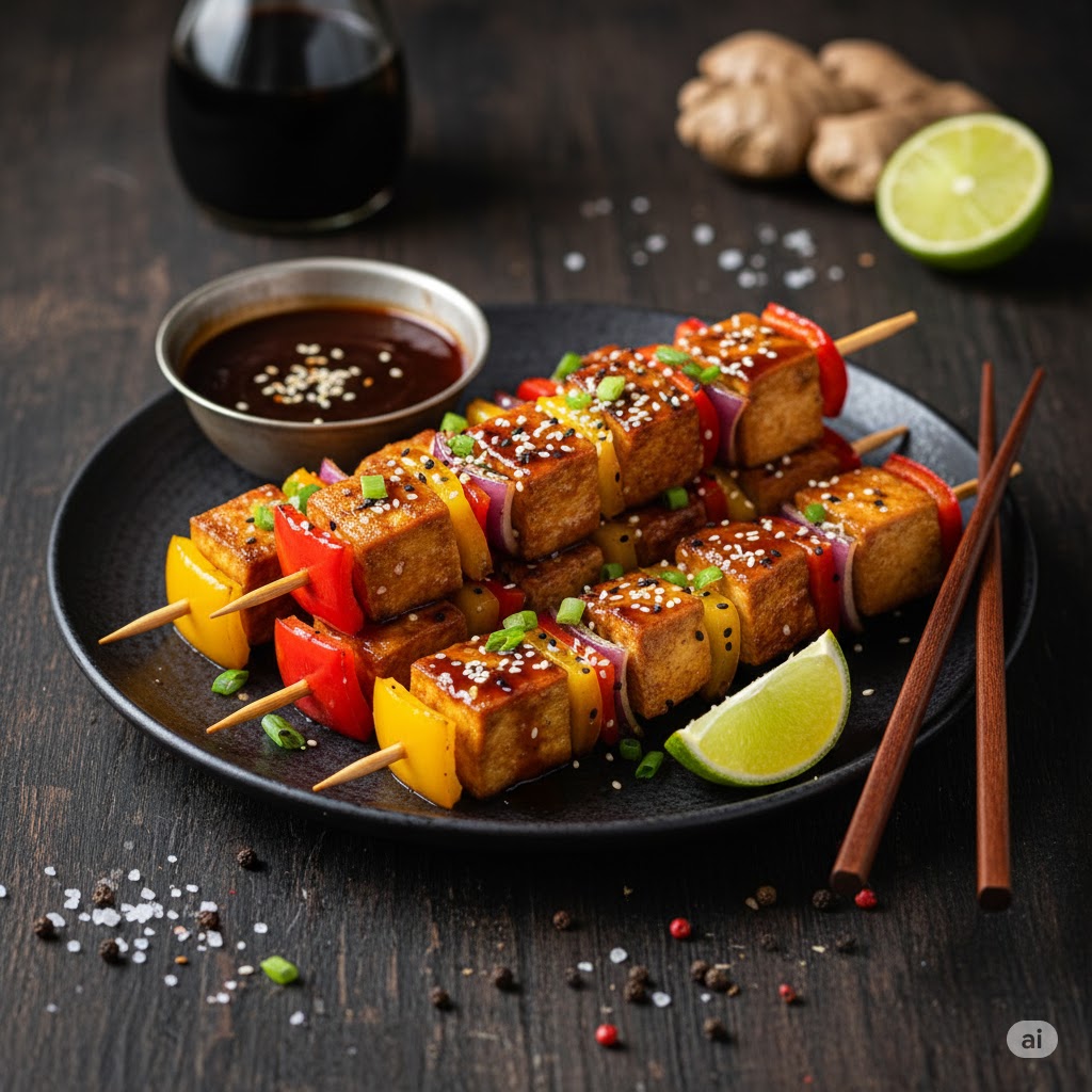 [translate:Brochetas de tofu teriyaki servidas]