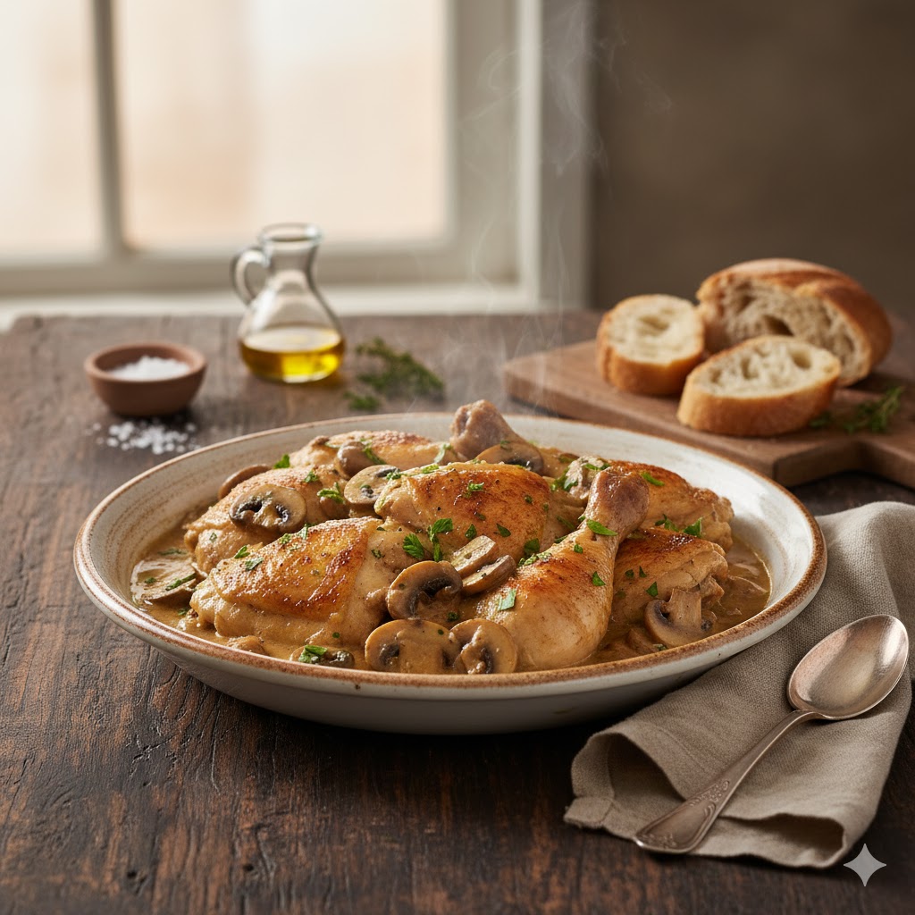 Pollo con Champiñones en Salsa servido