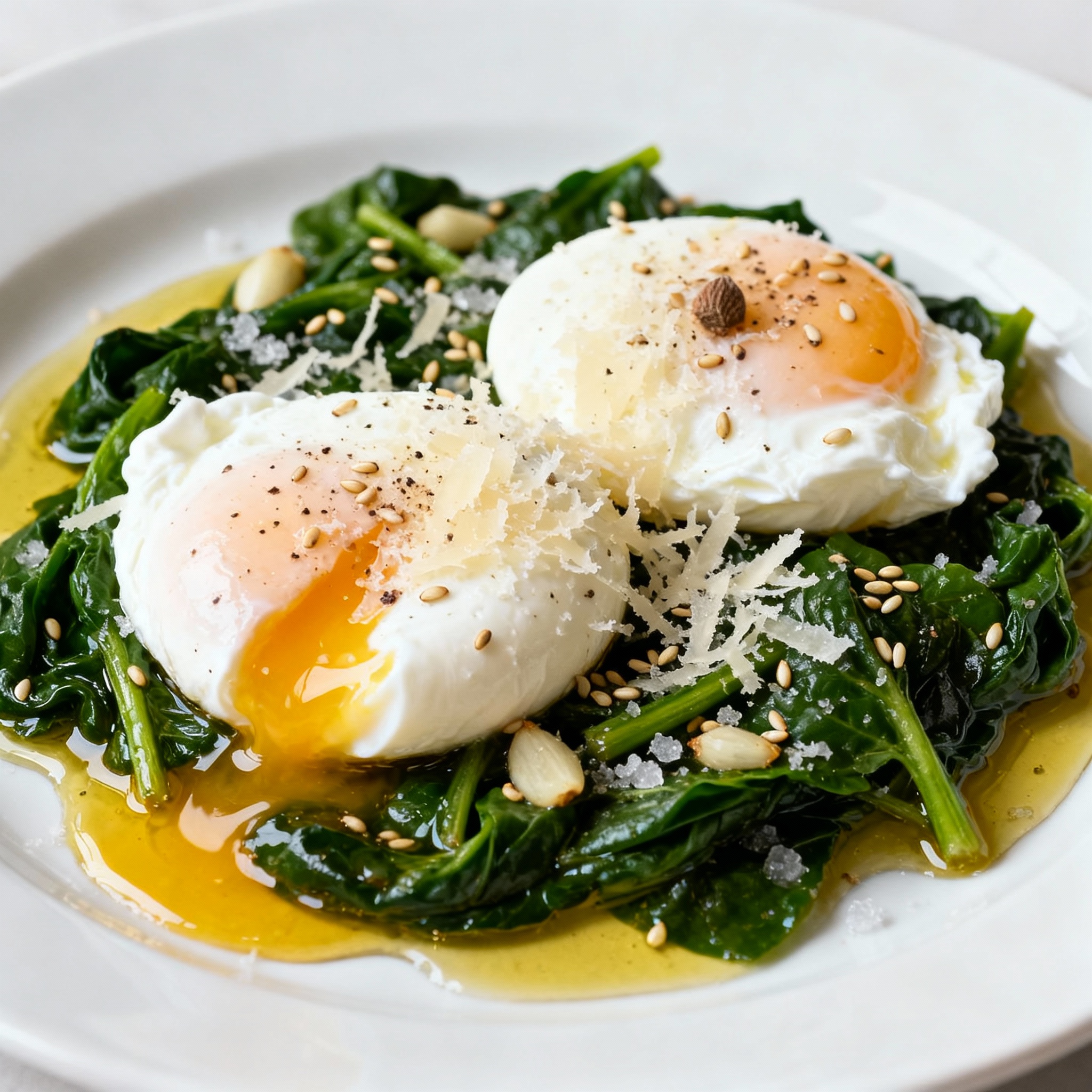 Huevo poché con espinacas emplatado