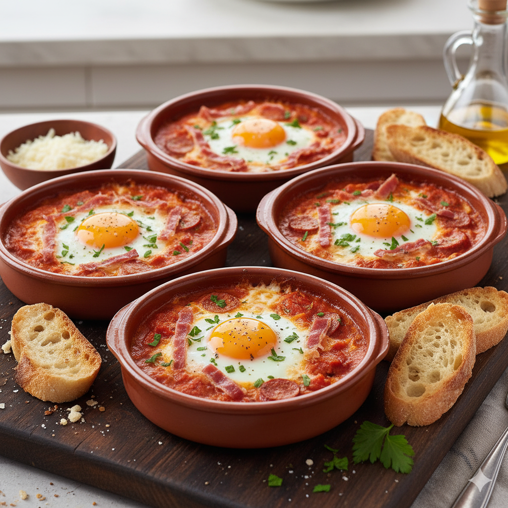 Huevos al plato emplatados en cazuela de barro