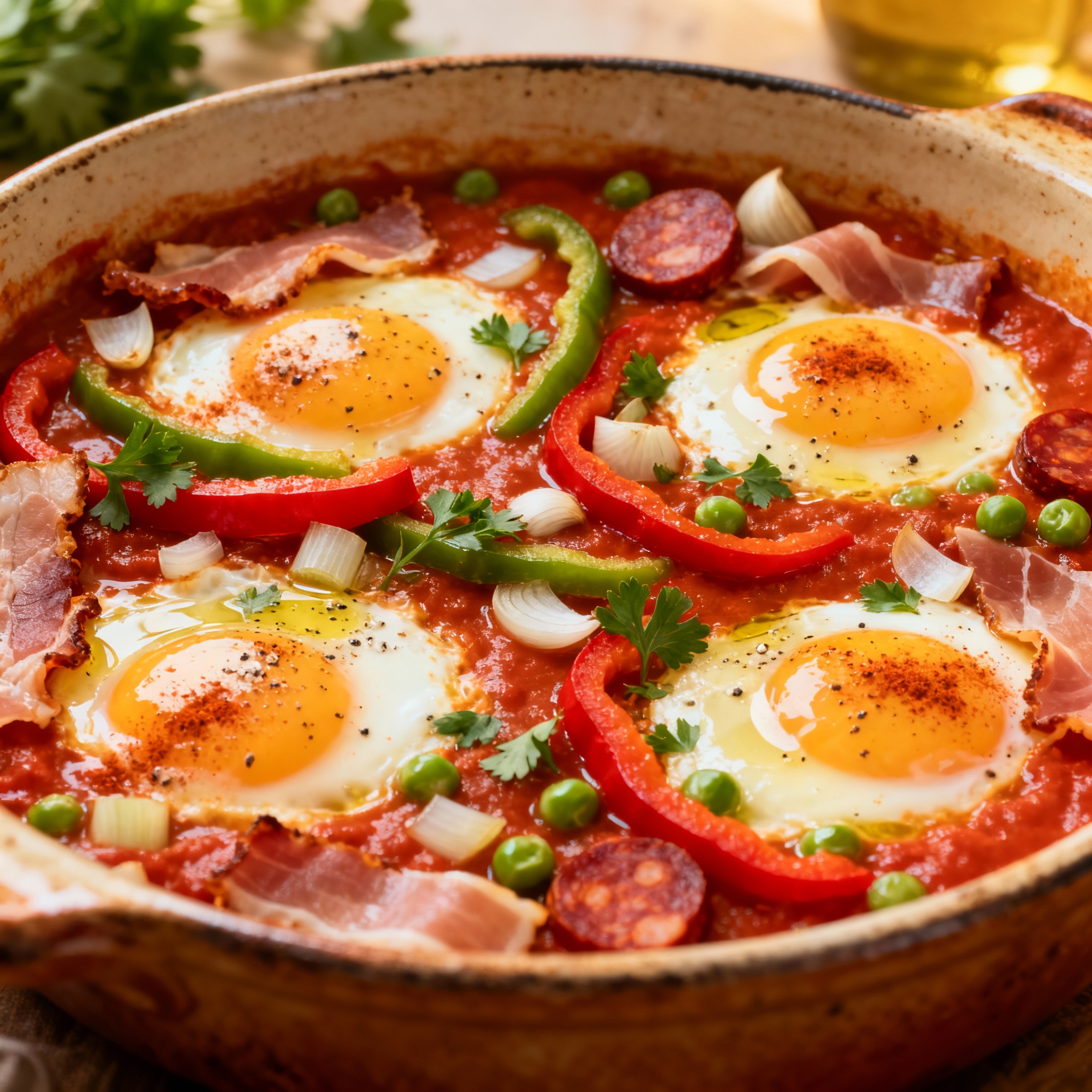 Huevos a la flamenca emplatados en cazuela de barro