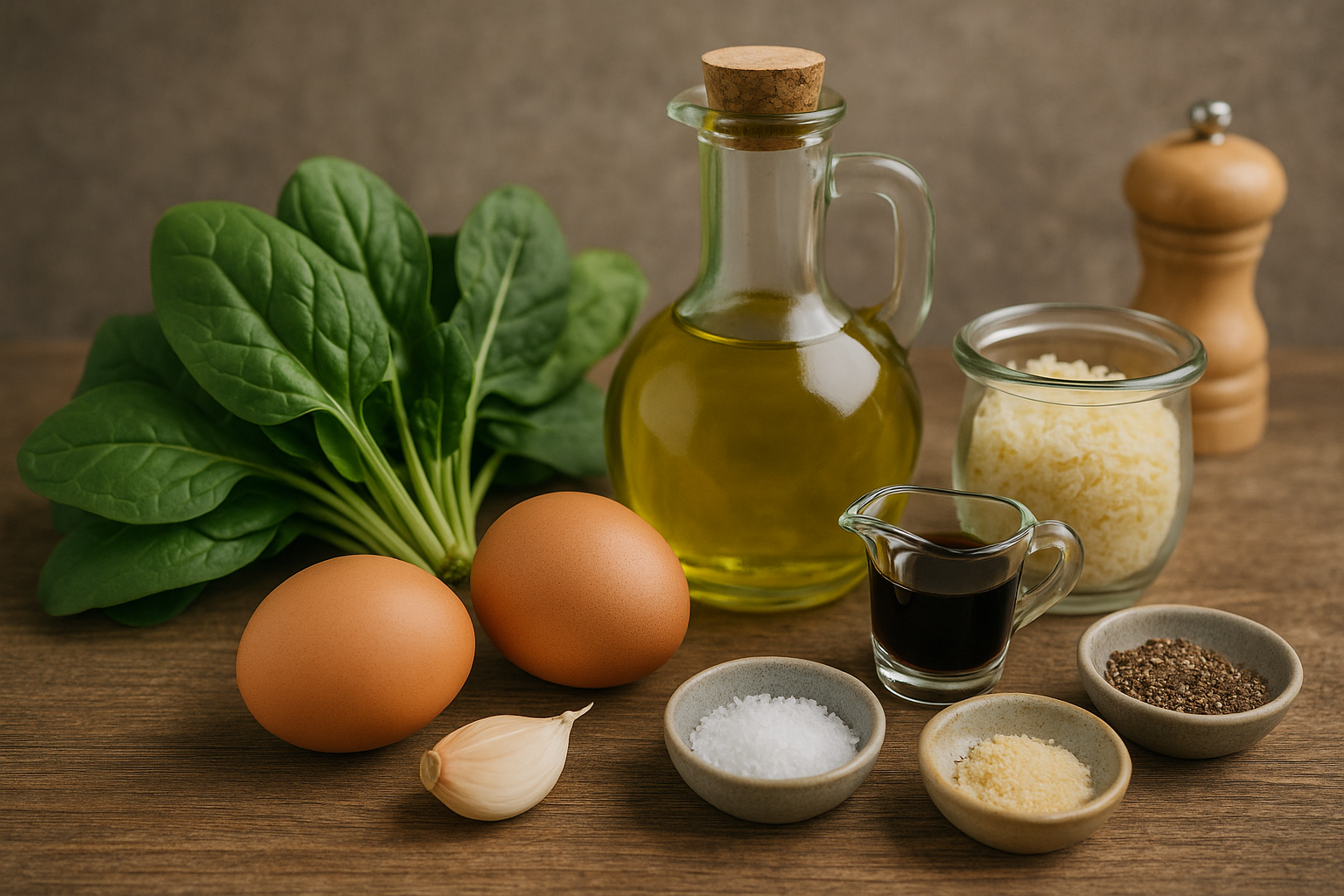 Ingredientes: huevos, espinacas, ajo y aceite de oliva