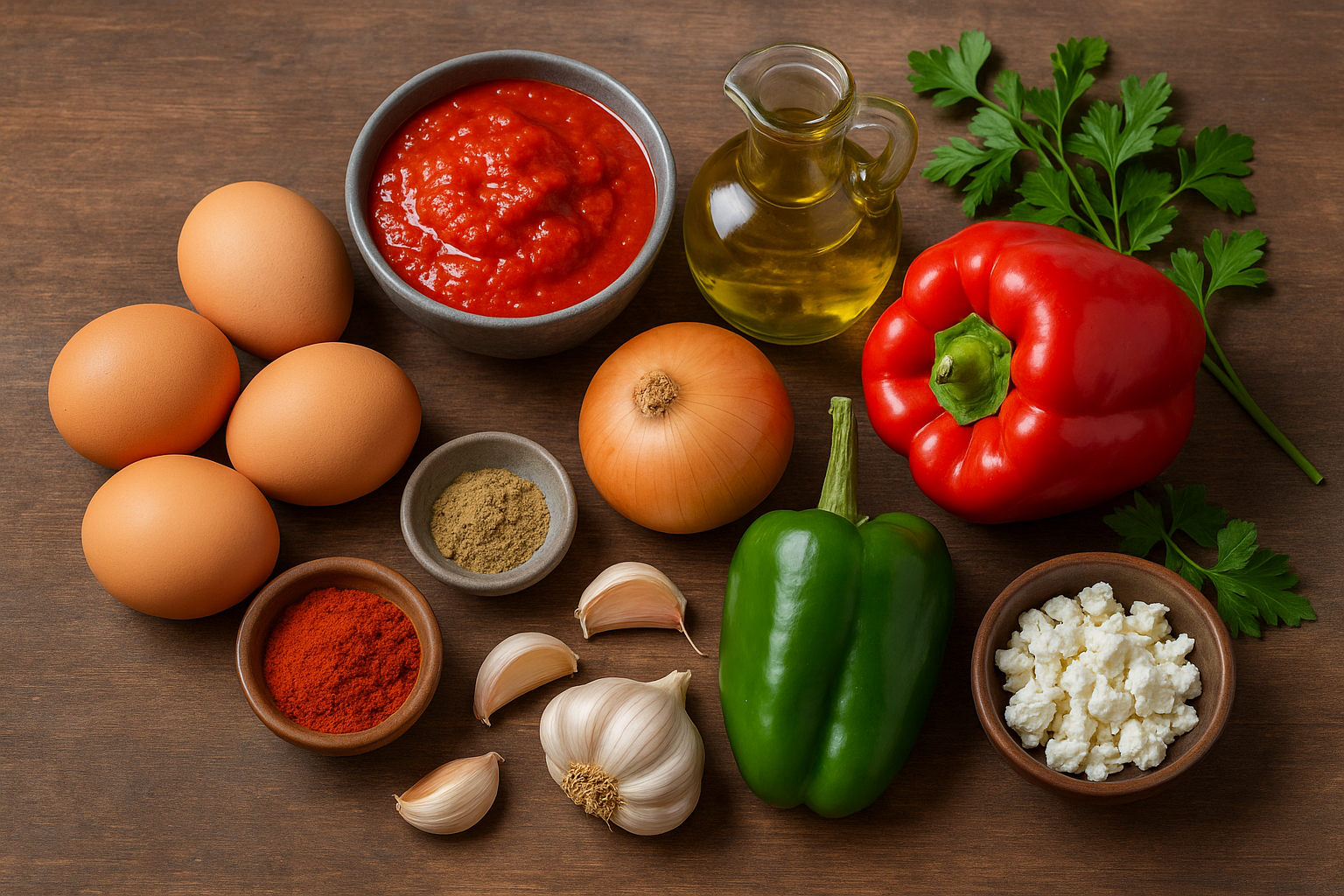 Ingredientes: huevos, tomates, pimientos, cebolla, ajo y especias