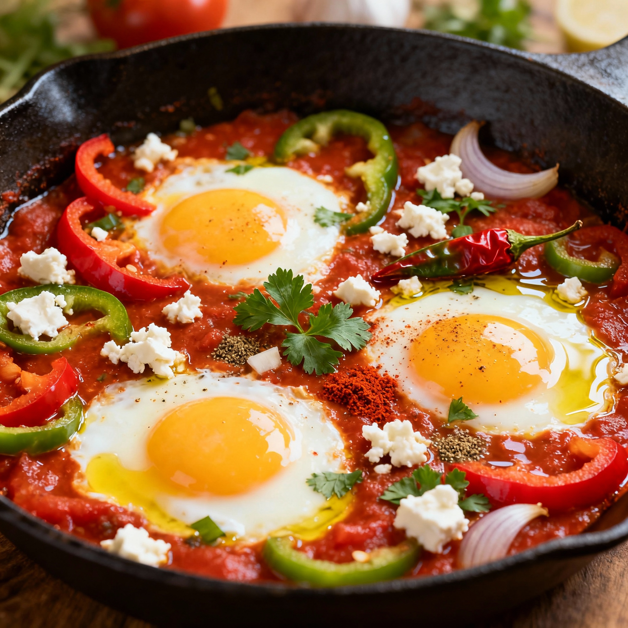 Shakshuka servida en sartén de hierro