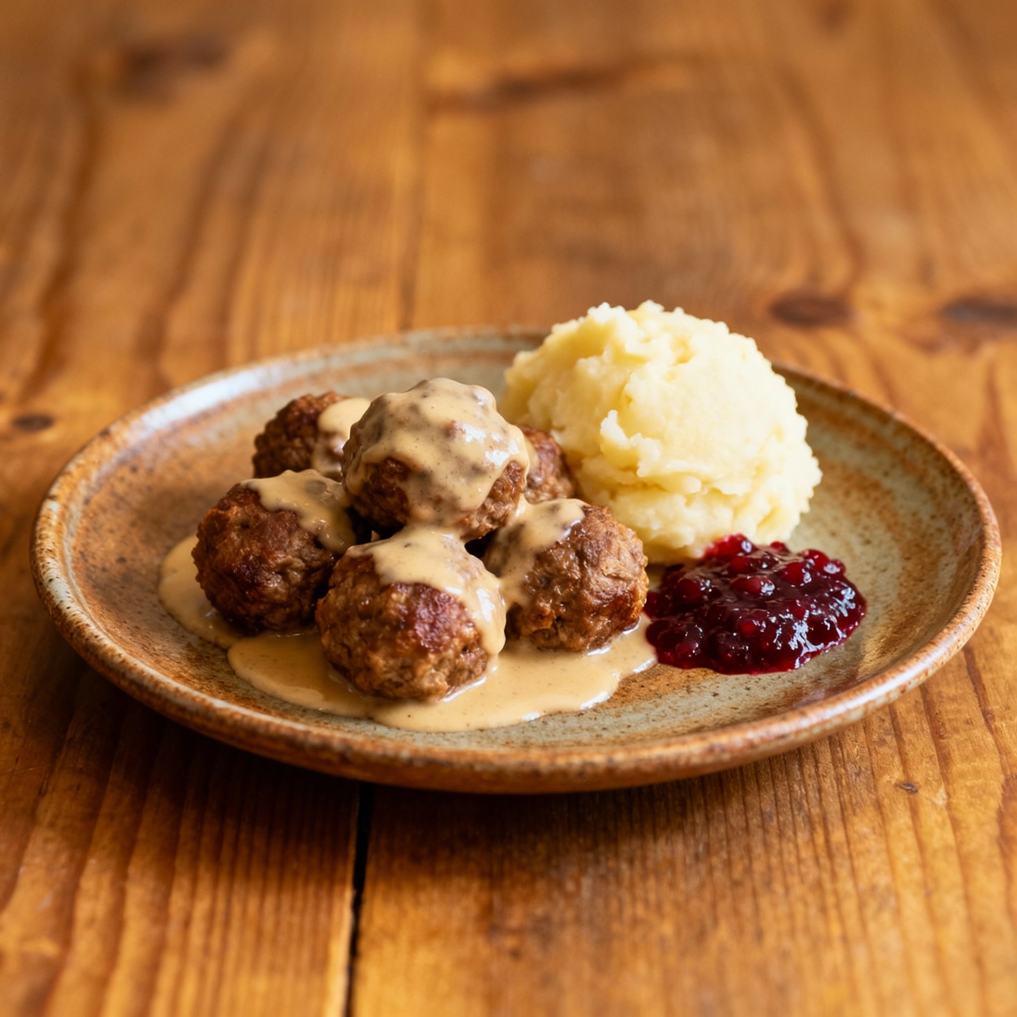 Albóndigas suecas servidas con puré y mermelada de arándanos