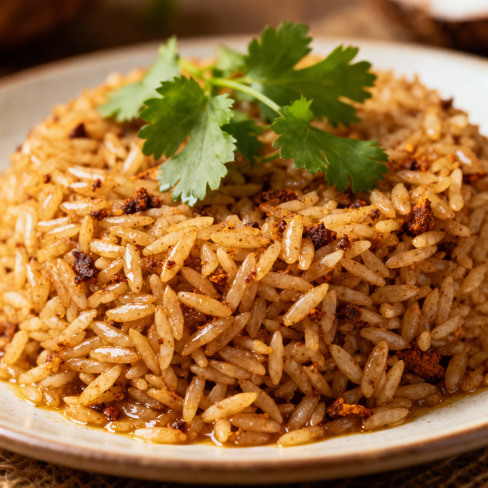 Plato de arroz con coco y especias decorado con cilantro fresco