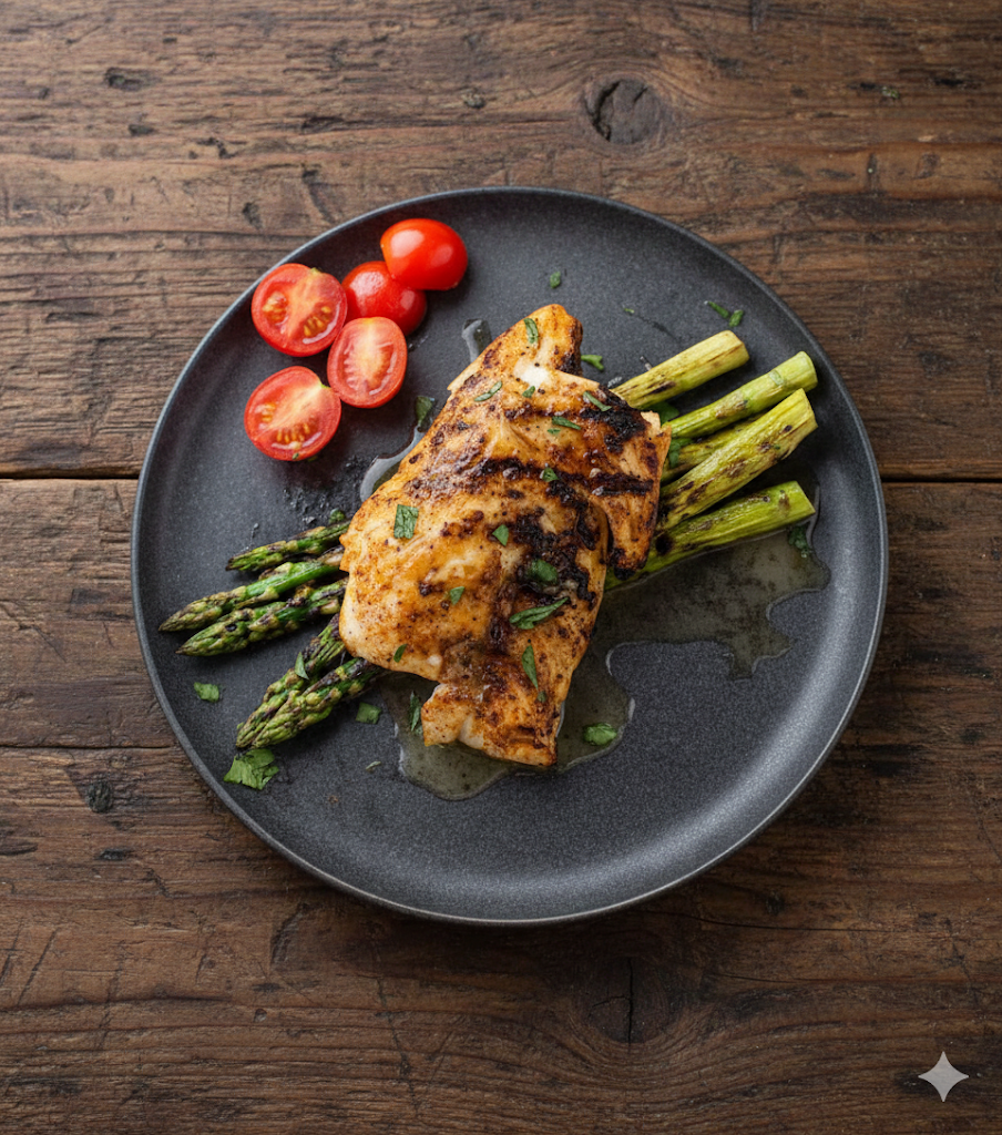 Plato tradicional portugués de bacalao a la brasa con patatas y huevo