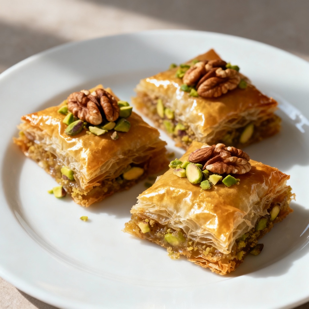 Baklava griego en porciones, presentado en plato blanco