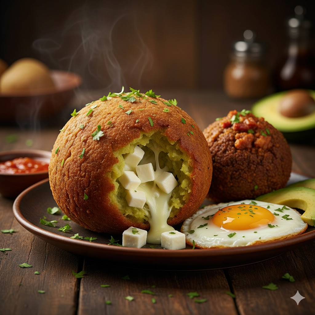 [translate:Bolón de verde ecuatoriano servido]