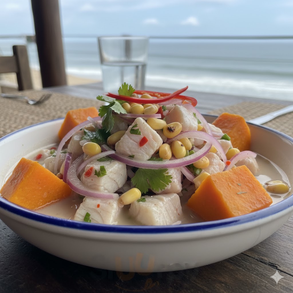 [translate:Ceviche clásico peruano servido]