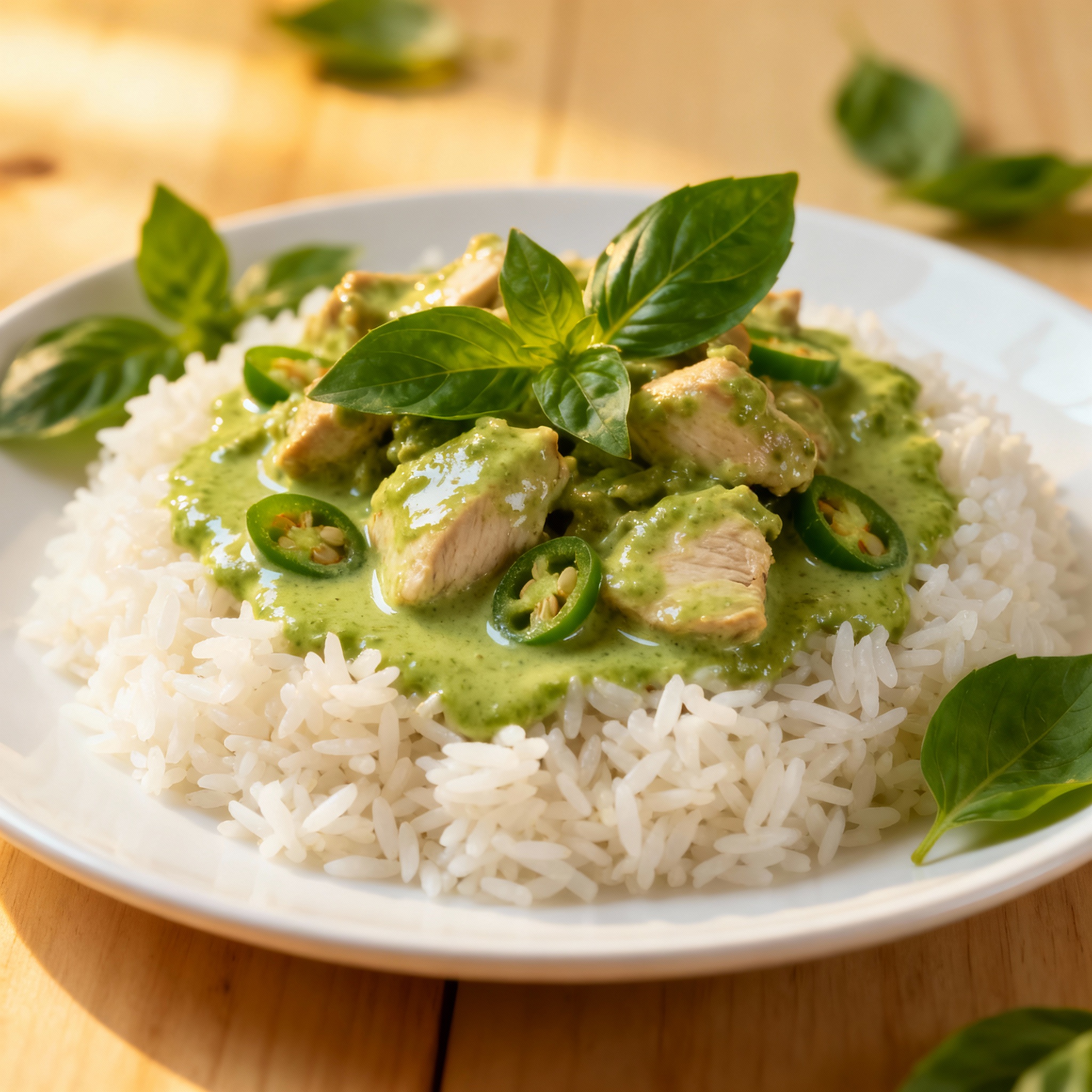 Curry verde tailandés servido con pollo y arroz jazmín