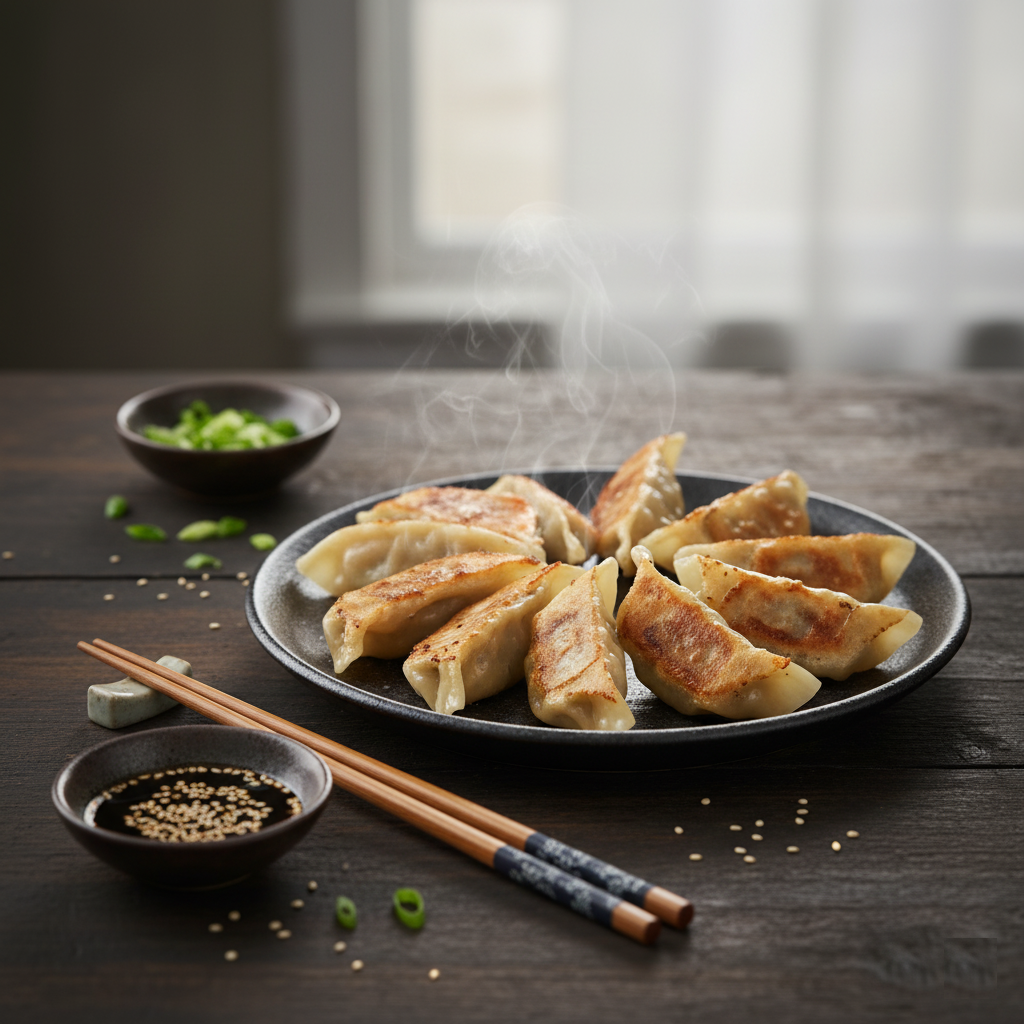 Gyozas recién hechas, doradas por la base y servidas con salsa