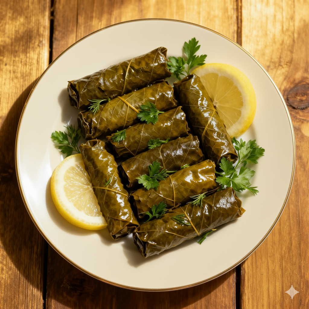 Plato de hojas de parra rellenas servidas con limón