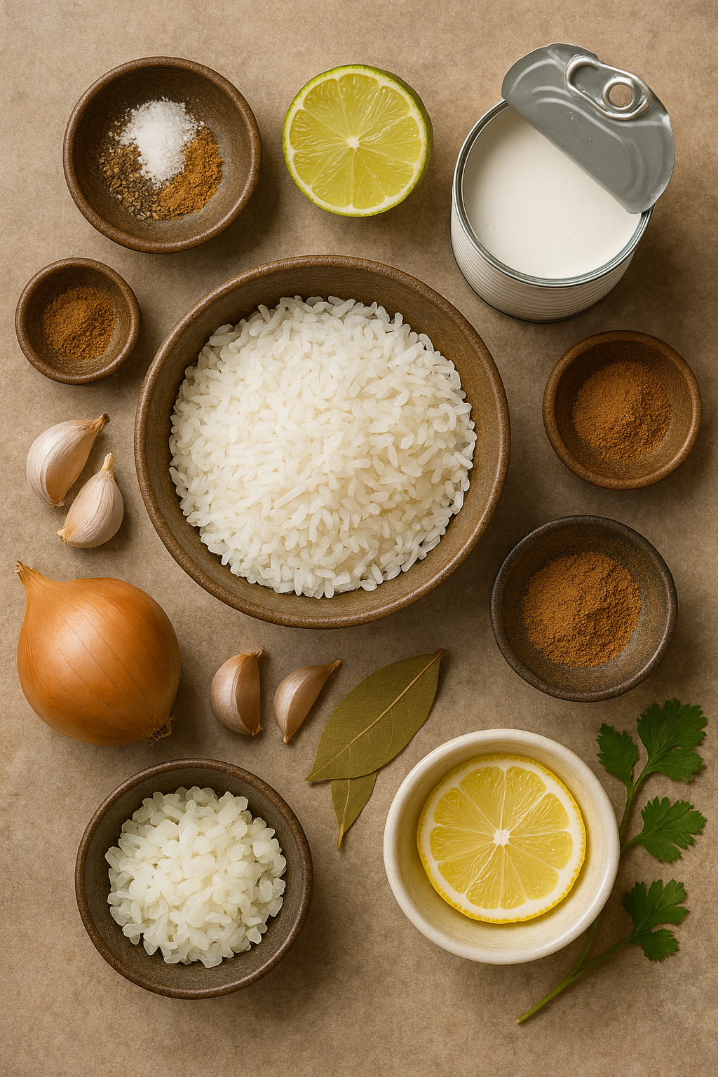 Ingredientes para arroz con coco y especias: arroz, leche de coco, especias y hierbas