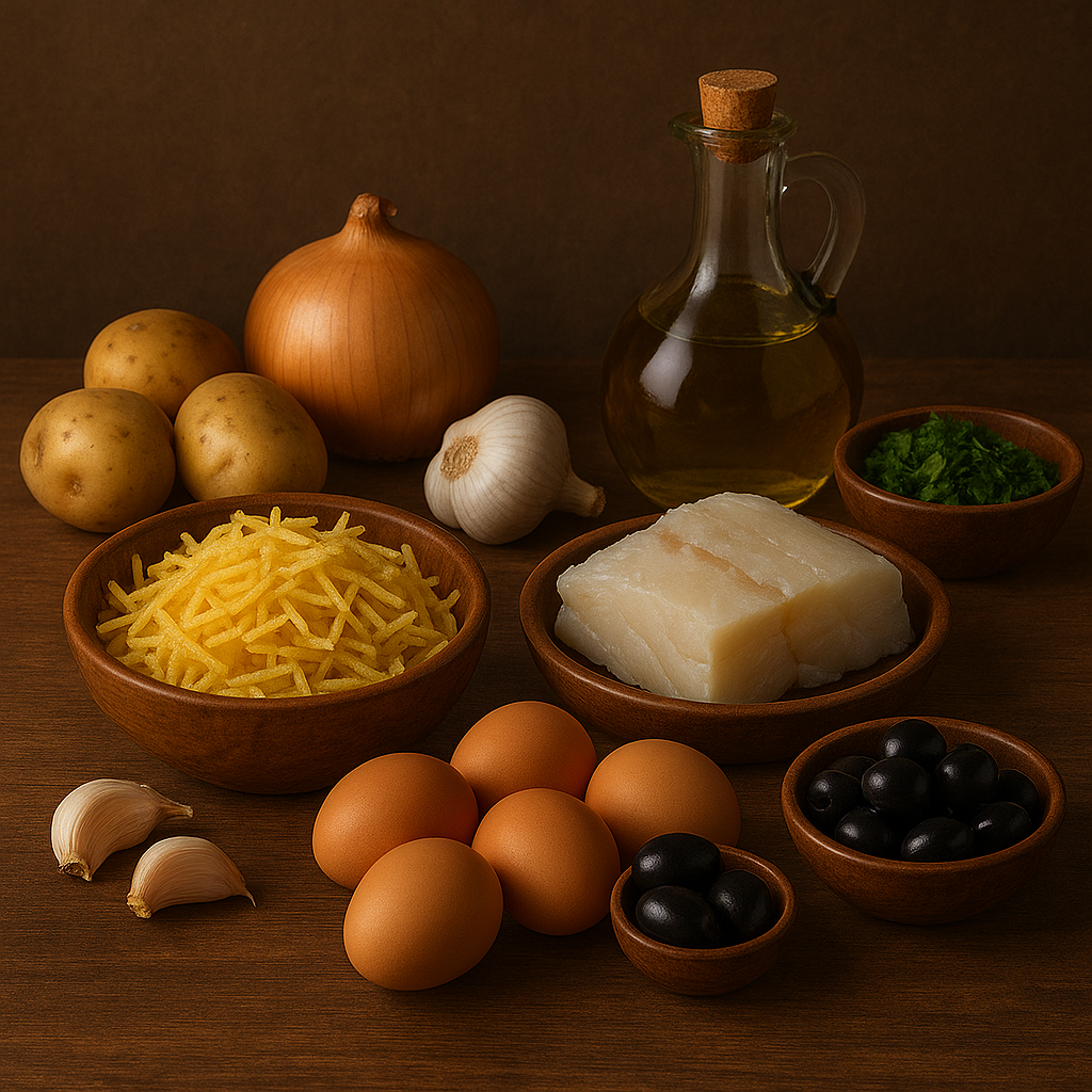 Ingredientes para bacalao a la brasa: bacalao, patatas, huevos, perejil y cebolla