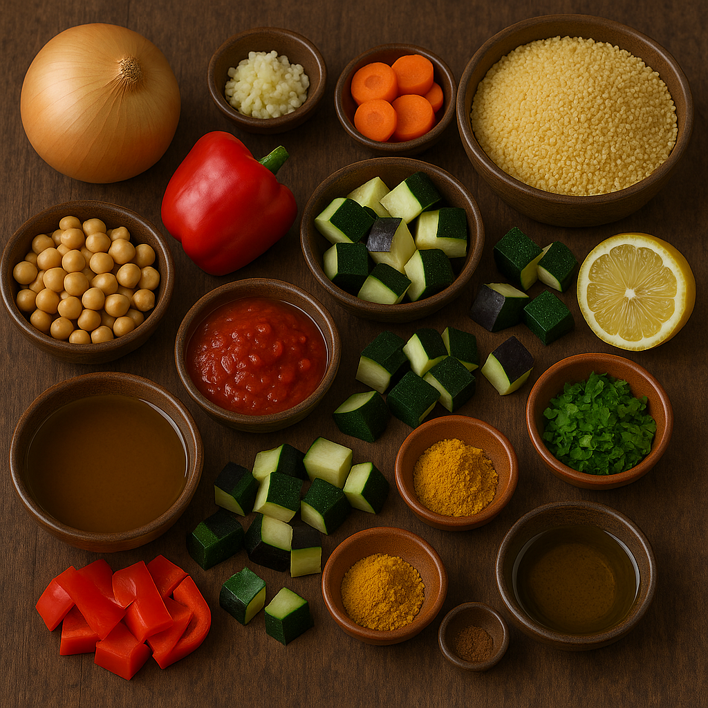 Ingredientes para cuscús: verduras, garbanzos, especias
